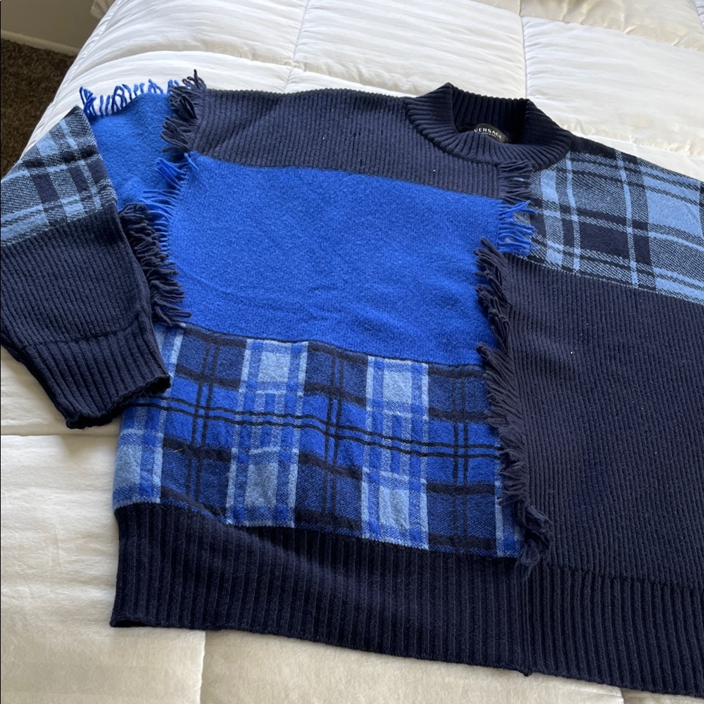 Versace Men's Navy and Royal Blue Patchwork Sweater